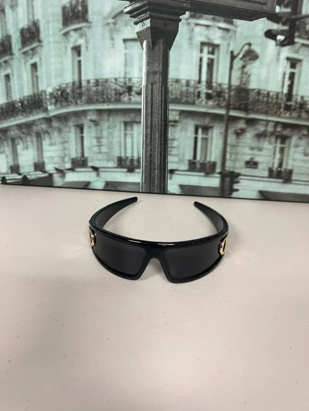 Y2K Wrap Around Headband Sunglasses Unisex Black PC Shades Gold CD Logo Buckle